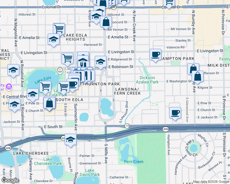 map of restaurants, bars, coffee shops, grocery stores, and more near 1303 East Central Boulevard in Orlando