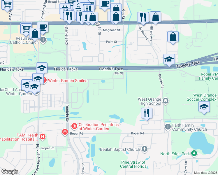 map of restaurants, bars, coffee shops, grocery stores, and more near 432 Wrangler Road in Winter Garden