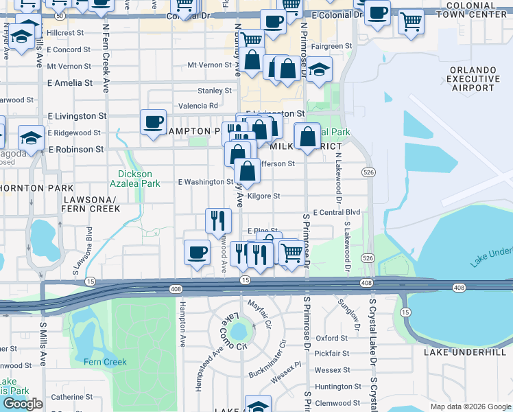 map of restaurants, bars, coffee shops, grocery stores, and more near 2420 East Central Boulevard in Orlando