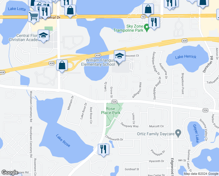 map of restaurants, bars, coffee shops, grocery stores, and more near 172 Grove Street in Orlando