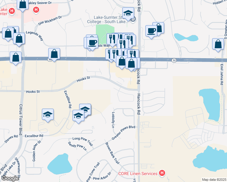 map of restaurants, bars, coffee shops, grocery stores, and more near 2431 Holly Ridge Court in Clermont
