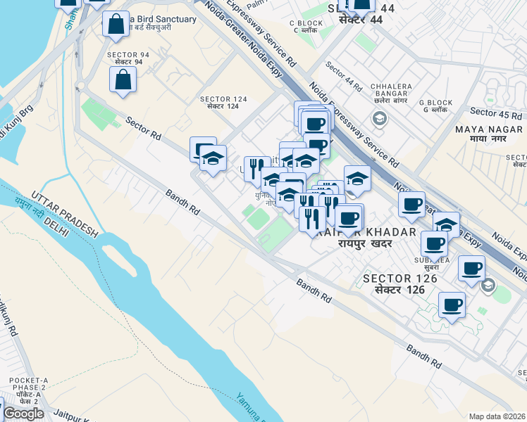 map of restaurants, bars, coffee shops, grocery stores, and more near Raipur Marg in Noida