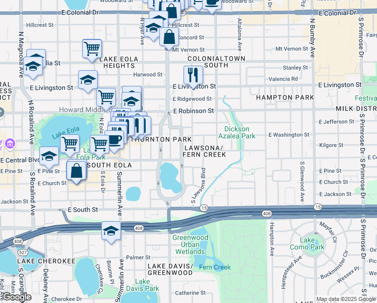 map of restaurants, bars, coffee shops, grocery stores, and more near 43 North Brown Avenue in Orlando