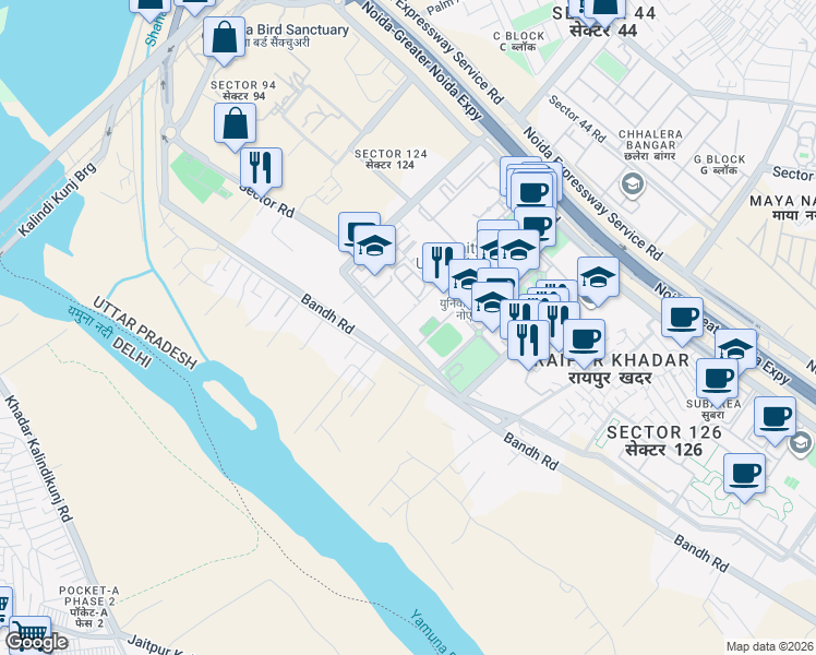 map of restaurants, bars, coffee shops, grocery stores, and more near in Noida
