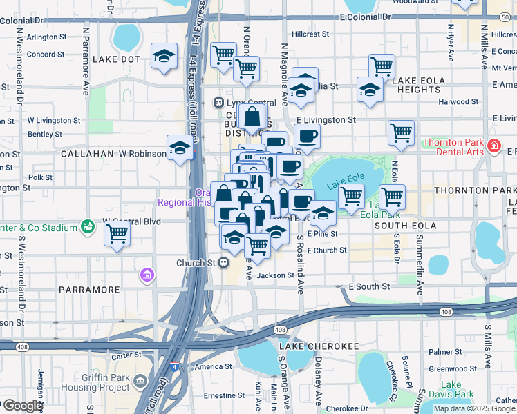 map of restaurants, bars, coffee shops, grocery stores, and more near in Orlando