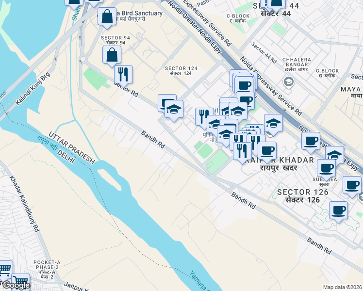 map of restaurants, bars, coffee shops, grocery stores, and more near in Noida