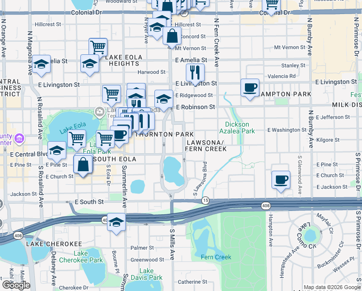 map of restaurants, bars, coffee shops, grocery stores, and more near 33 North Brown Avenue in Orlando