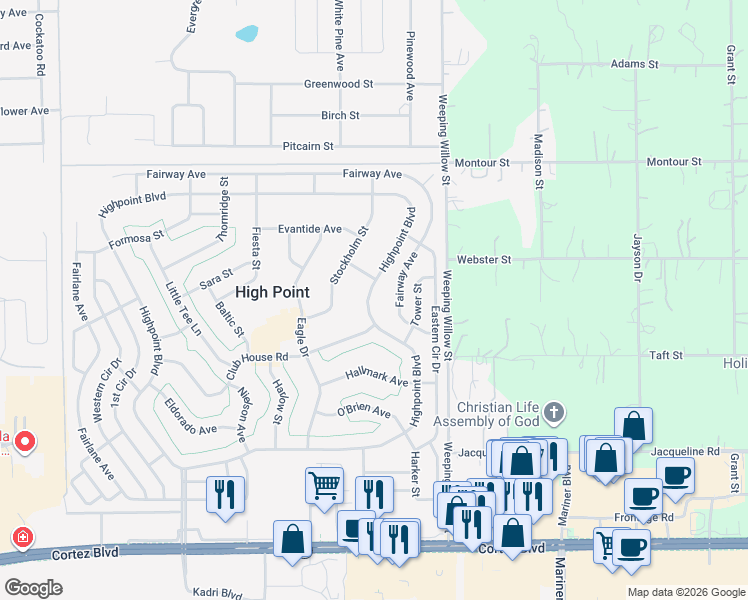 map of restaurants, bars, coffee shops, grocery stores, and more near 8795 Highpoint Boulevard in Brooksville