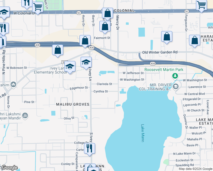 map of restaurants, bars, coffee shops, grocery stores, and more near 4272 Clarinda Street in Orlando