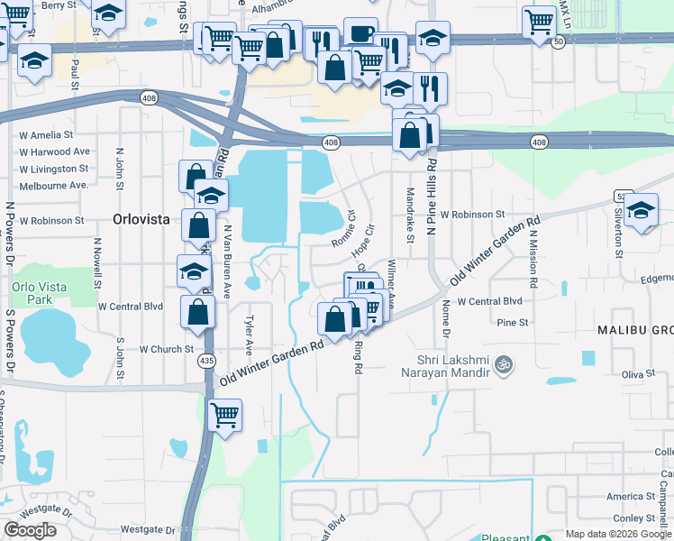 map of restaurants, bars, coffee shops, grocery stores, and more near 129 Hope Circle in Orlando