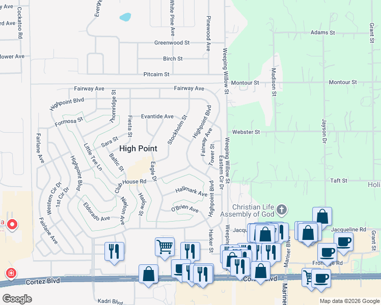 map of restaurants, bars, coffee shops, grocery stores, and more near 8795 Highpoint Boulevard in Brooksville