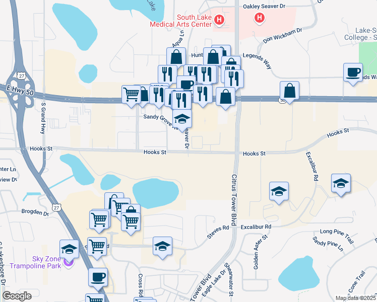 map of restaurants, bars, coffee shops, grocery stores, and more near Hooks Street in Clermont
