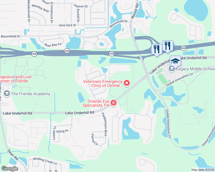 map of restaurants, bars, coffee shops, grocery stores, and more near 10818 Brown Trout Circle in Orlando