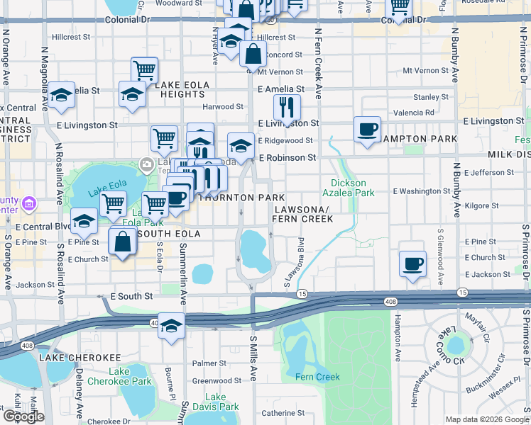 map of restaurants, bars, coffee shops, grocery stores, and more near 33 North Brown Avenue in Orlando