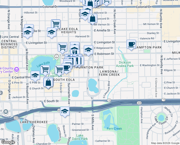 map of restaurants, bars, coffee shops, grocery stores, and more near in Orlando