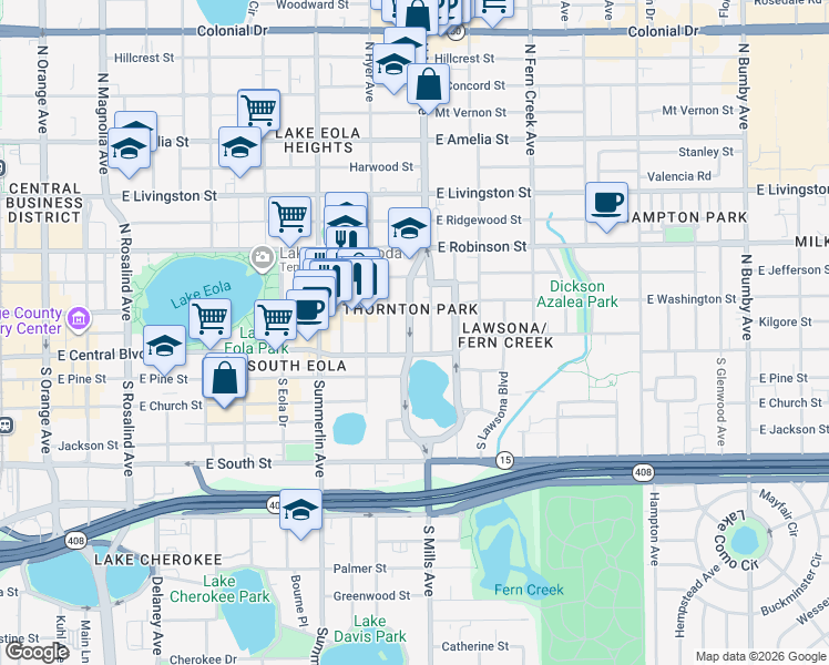 map of restaurants, bars, coffee shops, grocery stores, and more near in Orlando