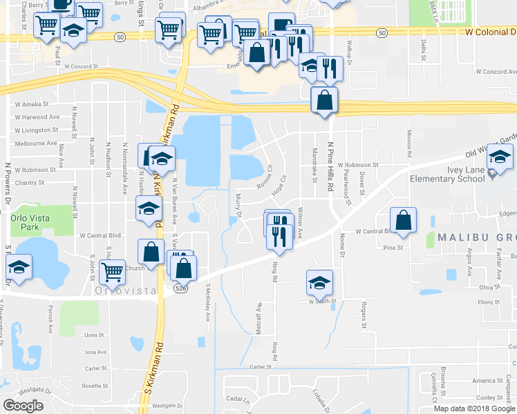 map of restaurants, bars, coffee shops, grocery stores, and more near 129 Hope Circle in Orlando