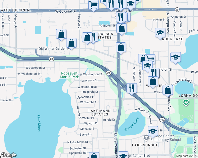 map of restaurants, bars, coffee shops, grocery stores, and more near 3109 Lawrence Street in Orlando