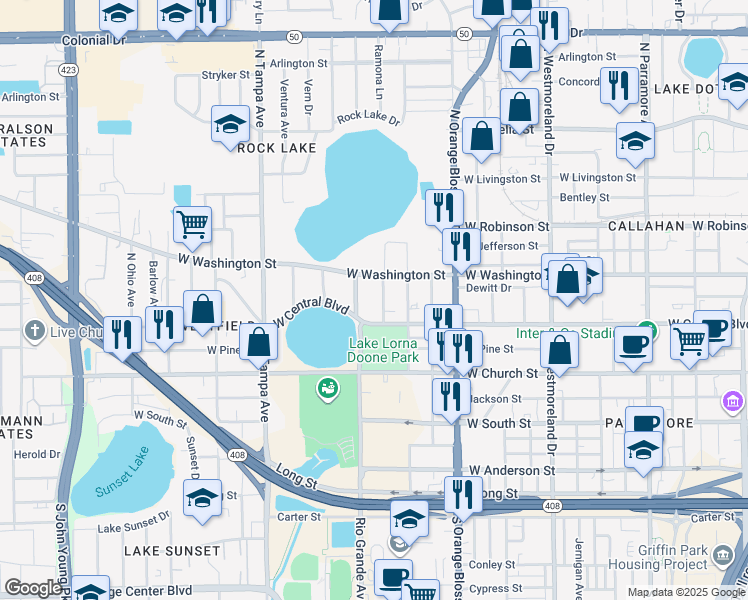 map of restaurants, bars, coffee shops, grocery stores, and more near 1500 West Washington Street in Orlando