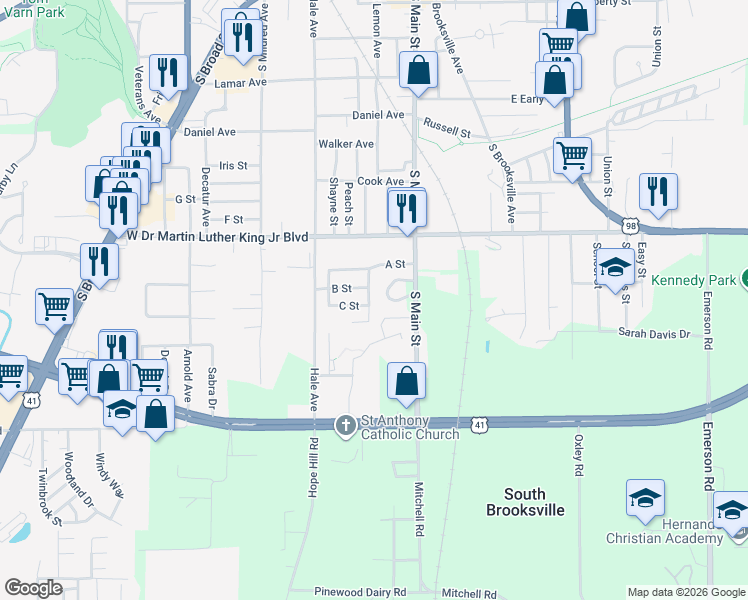 map of restaurants, bars, coffee shops, grocery stores, and more near 1101 Bethune Street in Brooksville