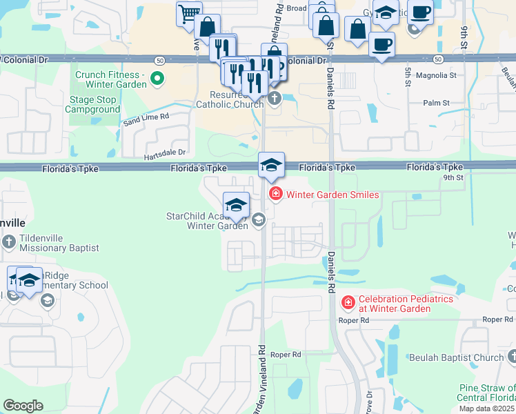 map of restaurants, bars, coffee shops, grocery stores, and more near 1321 Eastern Pecan Place in Winter Garden