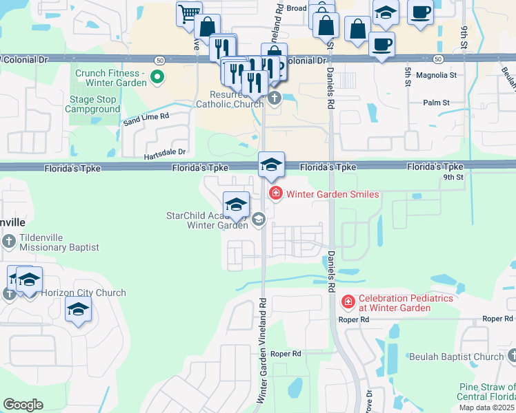map of restaurants, bars, coffee shops, grocery stores, and more near 1321 Eastern Pecan Place in Winter Garden
