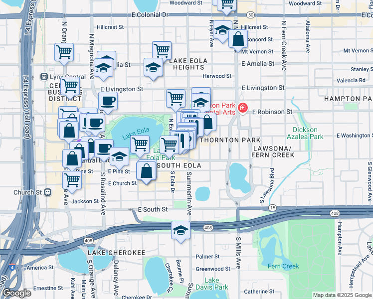 map of restaurants, bars, coffee shops, grocery stores, and more near 105 North Eola Drive in Orlando