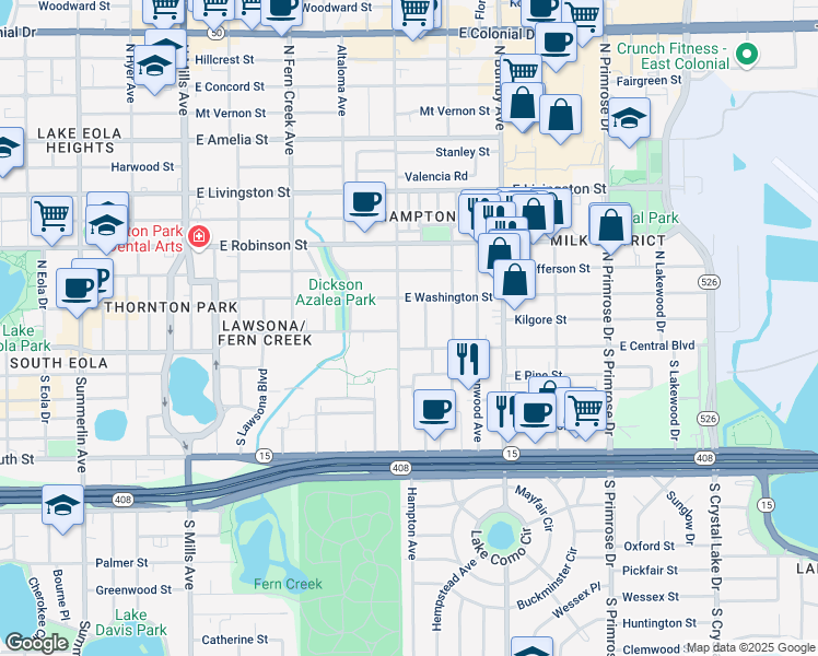 map of restaurants, bars, coffee shops, grocery stores, and more near 33 Hampton Avenue in Orlando