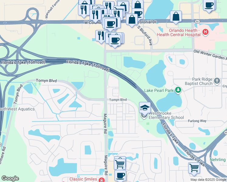 map of restaurants, bars, coffee shops, grocery stores, and more near 2560 Maguire Park Street in Ocoee