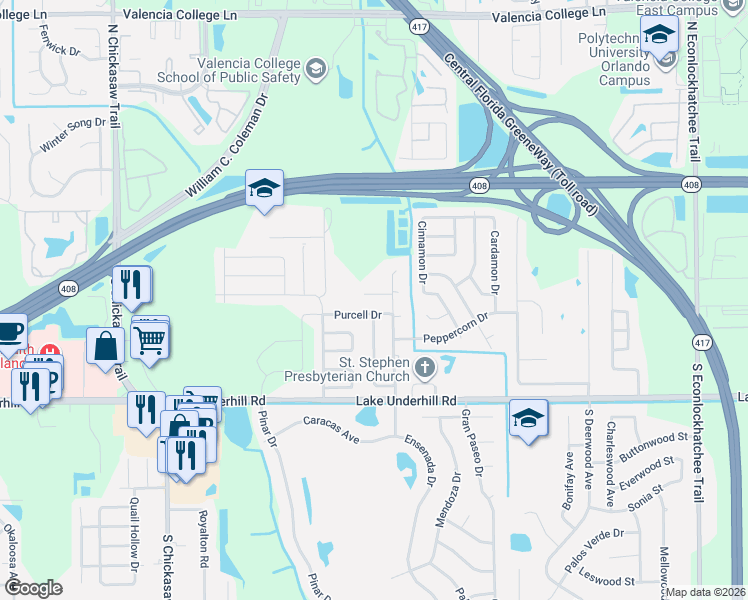 map of restaurants, bars, coffee shops, grocery stores, and more near 8427 Cherinoya Court in Orlando