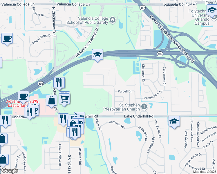 map of restaurants, bars, coffee shops, grocery stores, and more near 11 Okalpi Lane in Orlando
