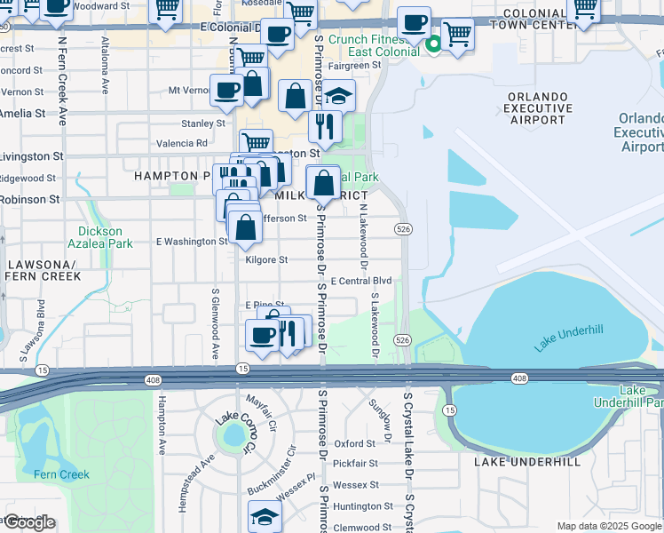 map of restaurants, bars, coffee shops, grocery stores, and more near in Orlando