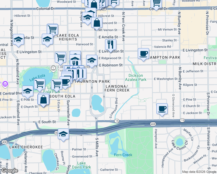 map of restaurants, bars, coffee shops, grocery stores, and more near 33 North Brown Avenue in Orlando