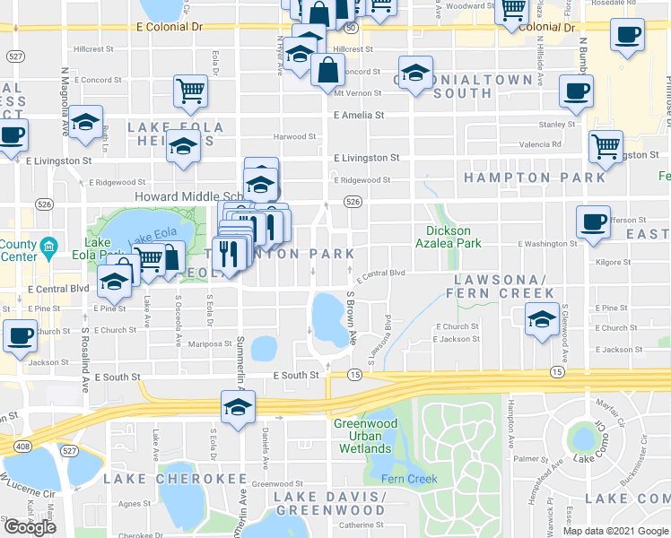 map of restaurants, bars, coffee shops, grocery stores, and more near in Orlando