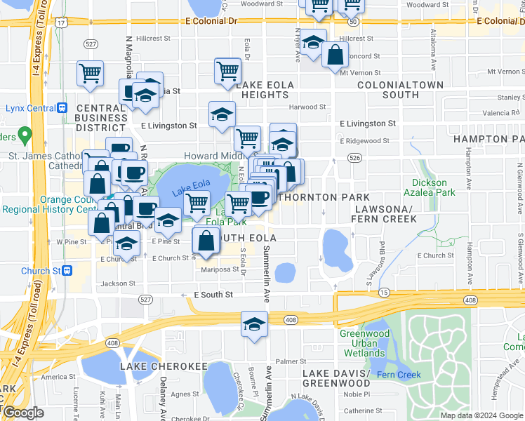 map of restaurants, bars, coffee shops, grocery stores, and more near 105 North Eola Drive in Orlando