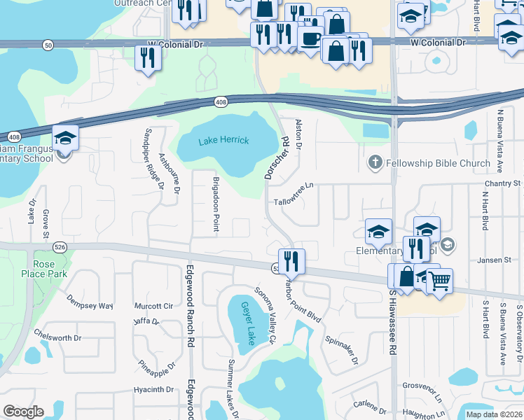 map of restaurants, bars, coffee shops, grocery stores, and more near 250 Dorscher Road in Orlando