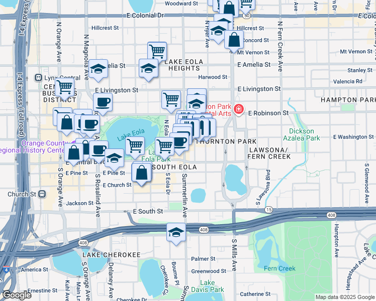 map of restaurants, bars, coffee shops, grocery stores, and more near 37 Hill Avenue in Orlando