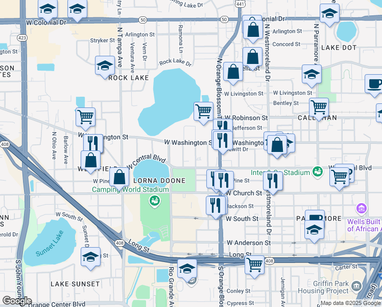 map of restaurants, bars, coffee shops, grocery stores, and more near 1342 West Washington Street in Orlando