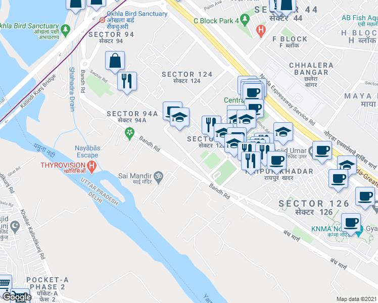 map of restaurants, bars, coffee shops, grocery stores, and more near in Noida