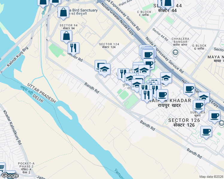 map of restaurants, bars, coffee shops, grocery stores, and more near in Noida