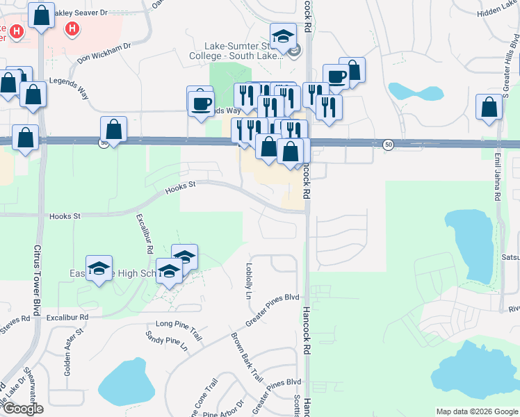map of restaurants, bars, coffee shops, grocery stores, and more near 2440 Hooks Street in Clermont