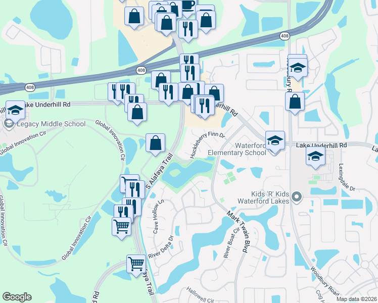 map of restaurants, bars, coffee shops, grocery stores, and more near 121 Becky Thatcher Court in Orlando