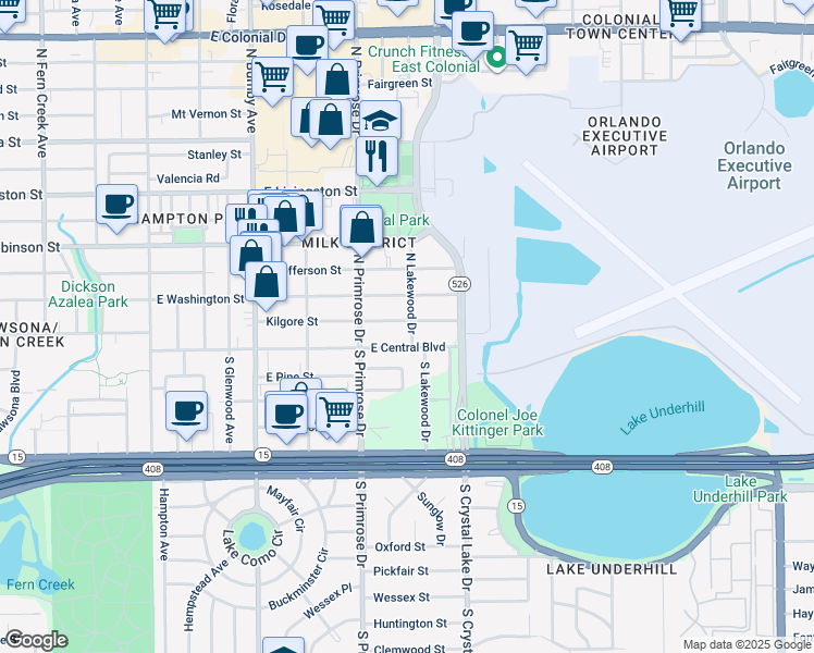 map of restaurants, bars, coffee shops, grocery stores, and more near 2907 Kilgore Street in Orlando