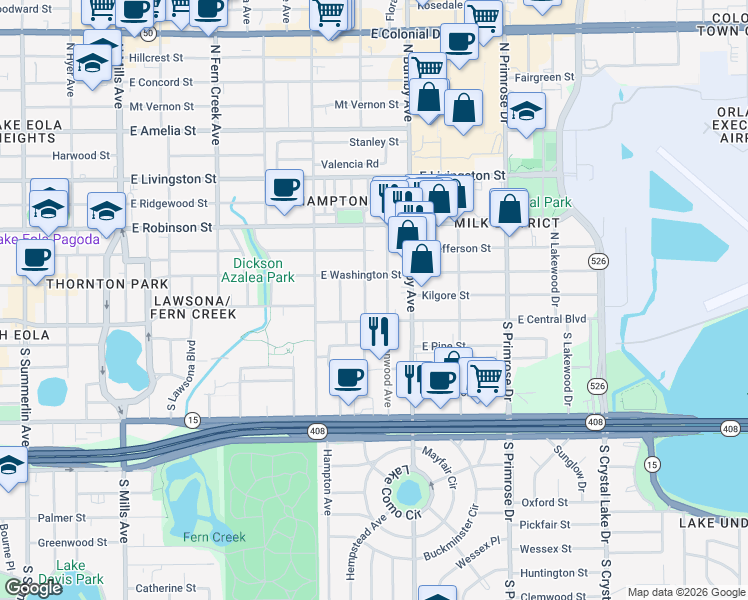 map of restaurants, bars, coffee shops, grocery stores, and more near 36 North Hillside Avenue in Orlando