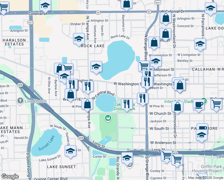 map of restaurants, bars, coffee shops, grocery stores, and more near 1606 West Washington Street in Orlando