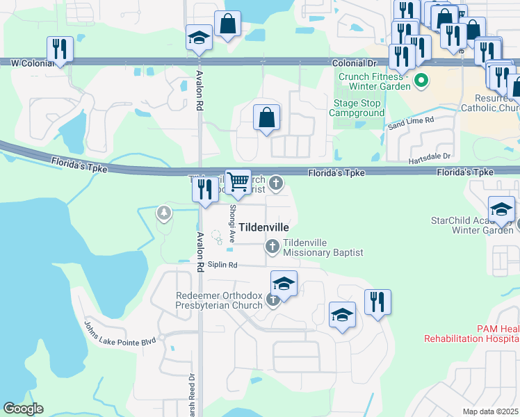 map of restaurants, bars, coffee shops, grocery stores, and more near 14831 Coscester Street in Winter Garden