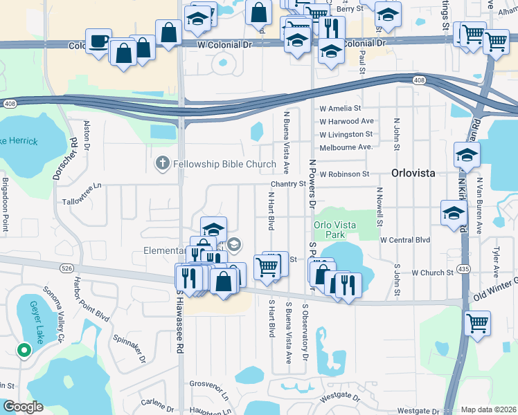 map of restaurants, bars, coffee shops, grocery stores, and more near 121 North Lancelot Avenue in Orlando