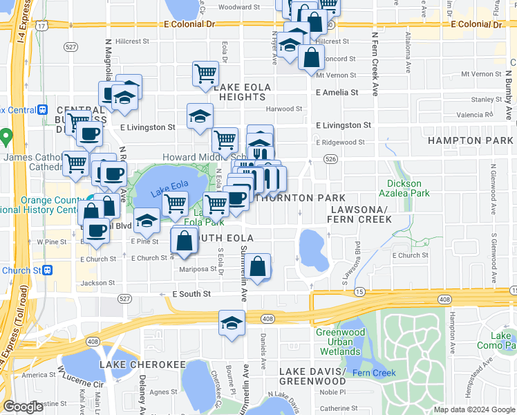 map of restaurants, bars, coffee shops, grocery stores, and more near 29 Hill Avenue in Orlando