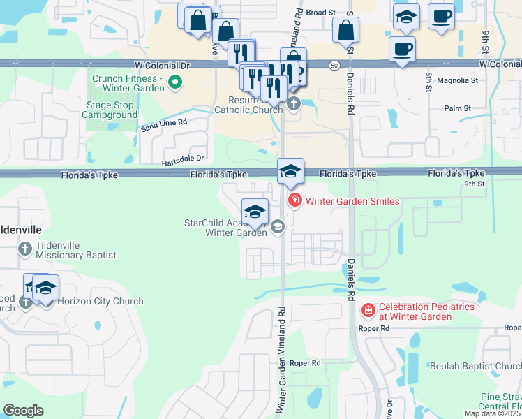 map of restaurants, bars, coffee shops, grocery stores, and more near 405 Southern Pecan Circle in Winter Garden