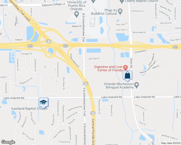 map of restaurants, bars, coffee shops, grocery stores, and more near 25 North Econlockhatchee Trail in Orlando